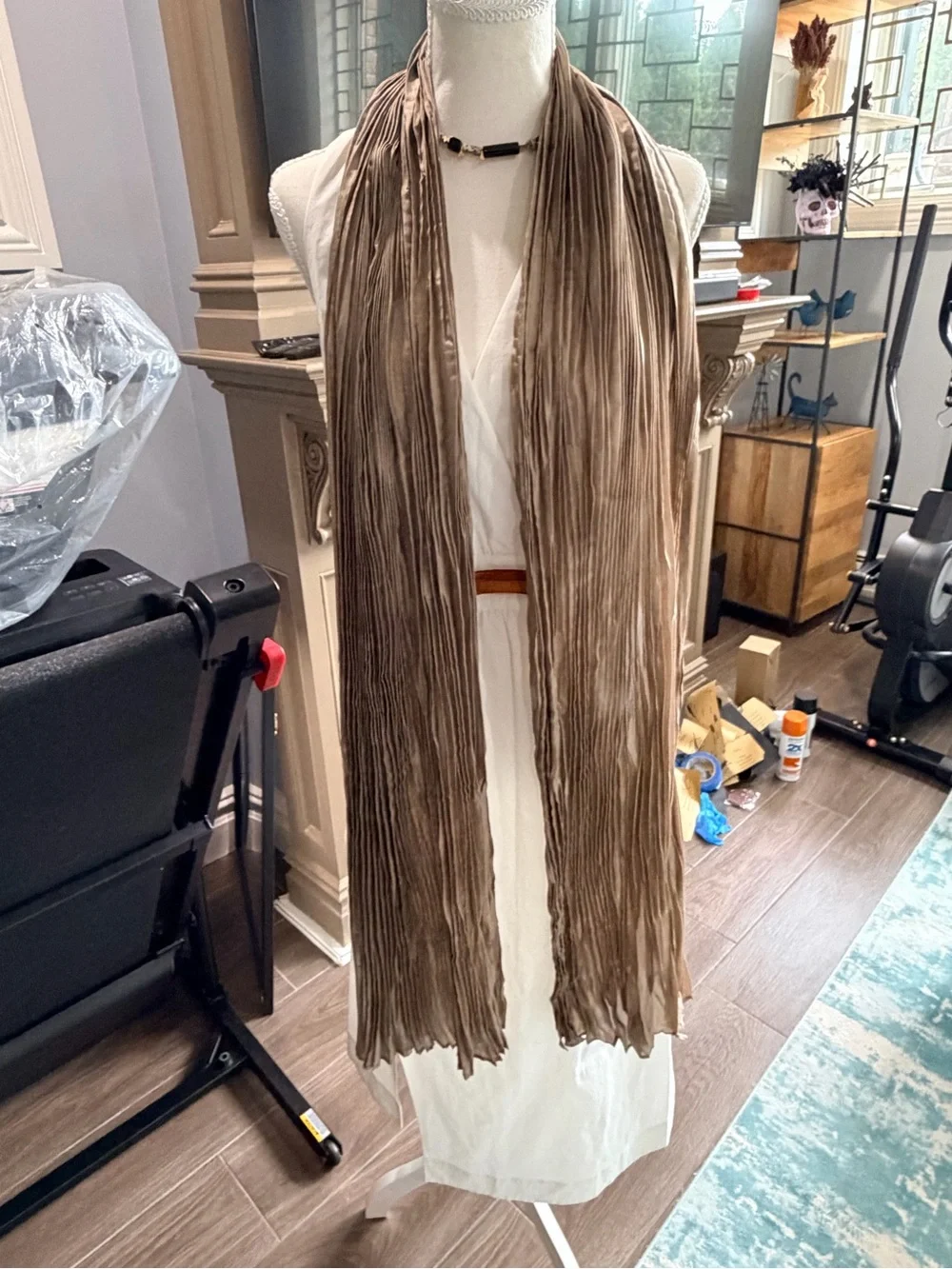 Eileen Fisher Whisper Pleated Silk Scarf (Beige)